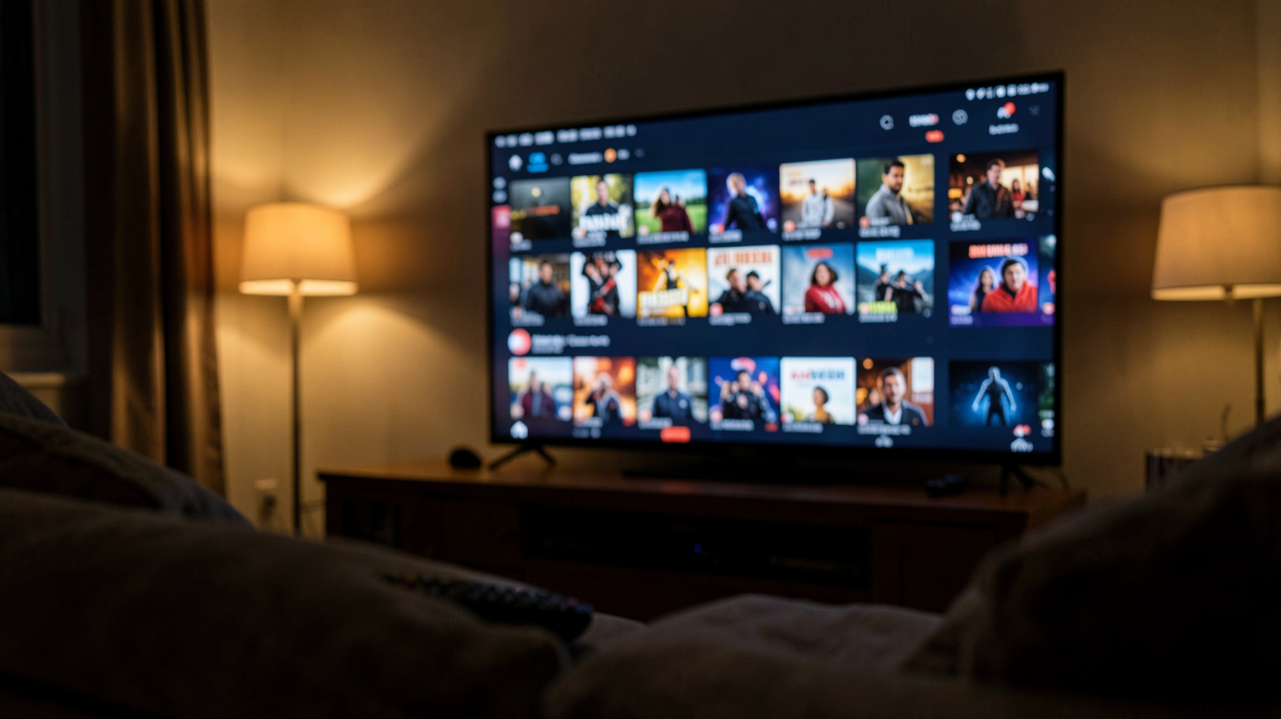 秋の夜、リビングのテレビ画面に複数の動画配信サービスのホーム画面が映し出されている様子