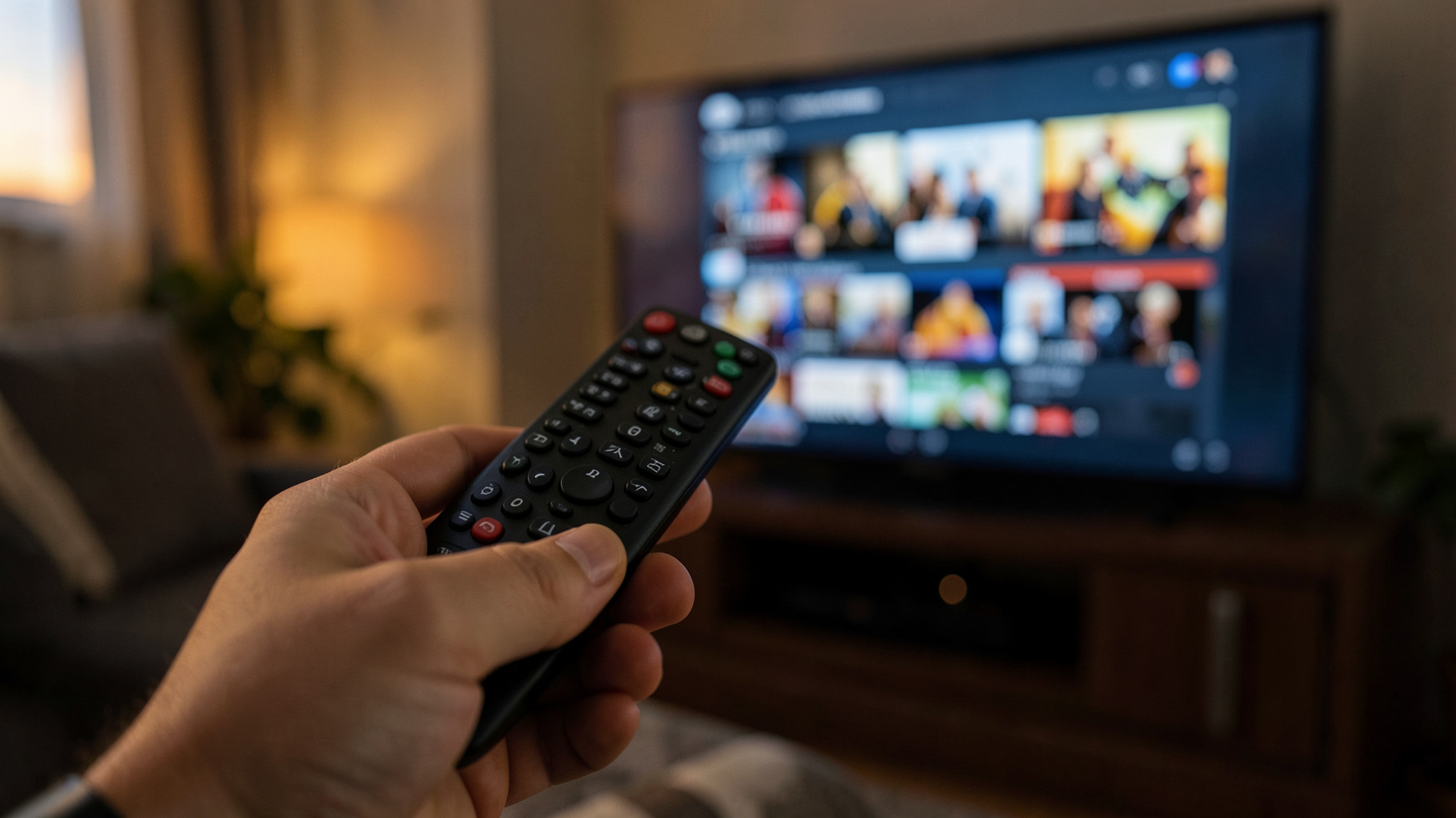 リモコンを持つ手とテレビ画面に映る見放題作品とレンタル作品の一覧イメージ