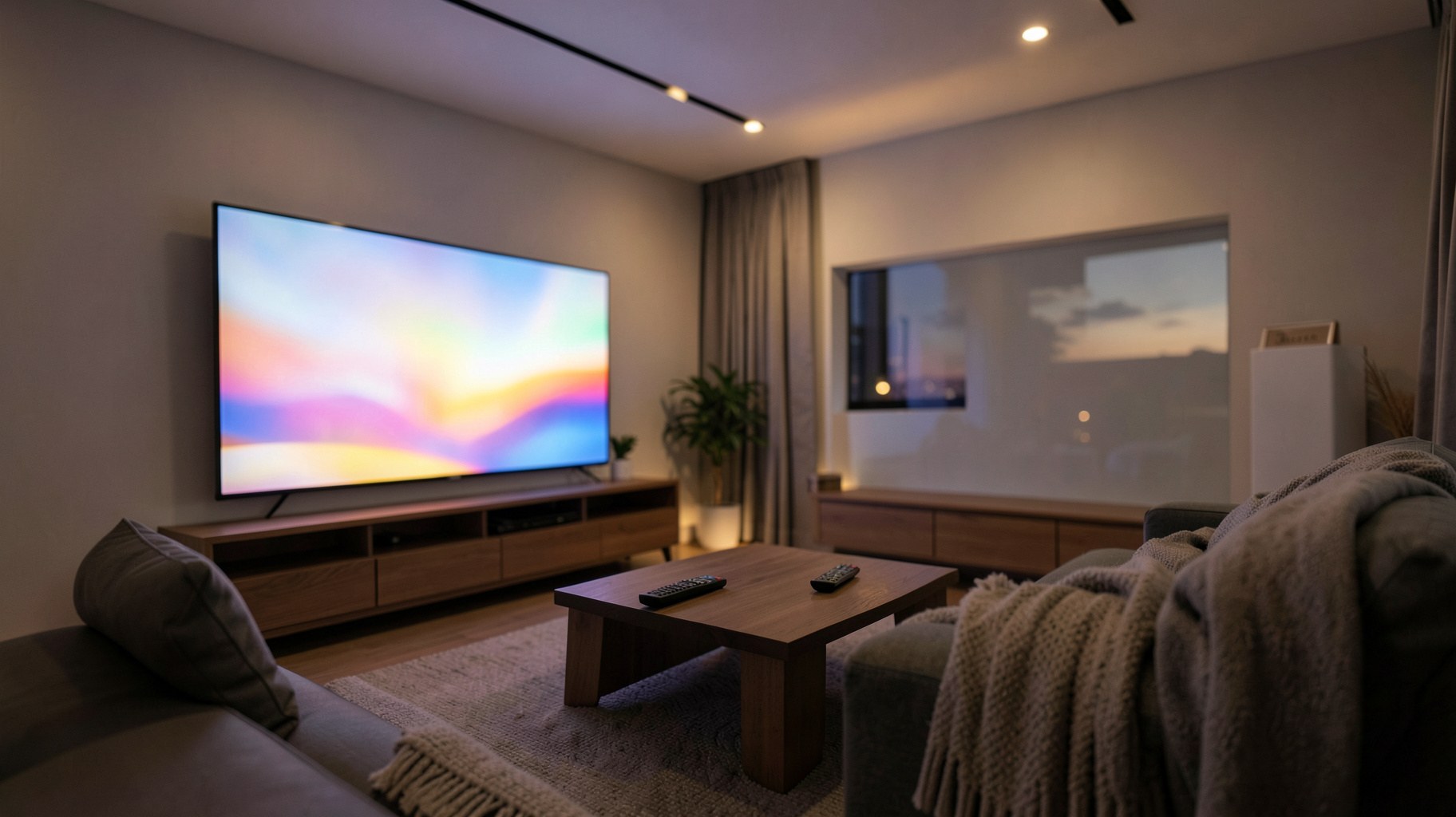夜の落ち着いたリビングで大画面テレビに動画配信サービスの画面が映し出されている様子