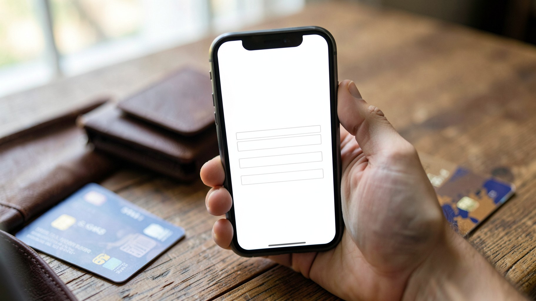 スマートフォンで無料お試し登録の画面を確認している手元とクレジットカード