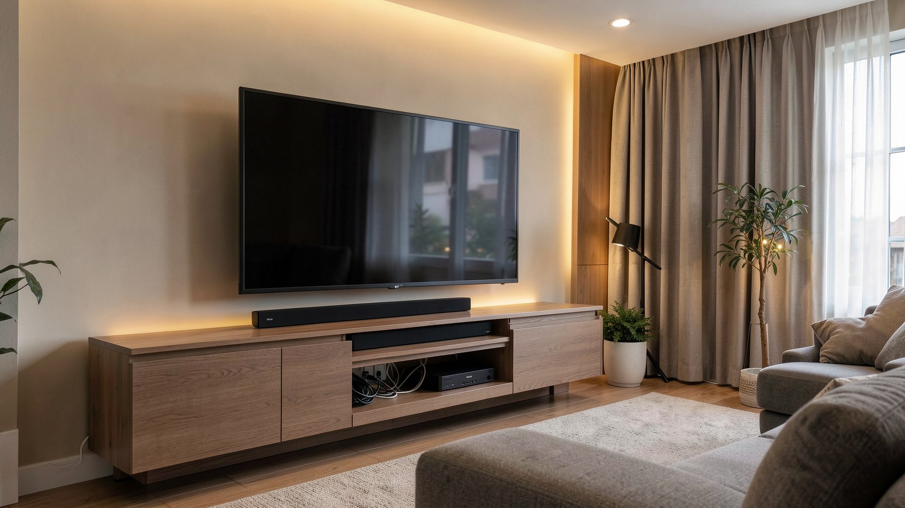 大画面テレビとストリーミングデバイス、リモコンが置かれたリビングの視聴環境